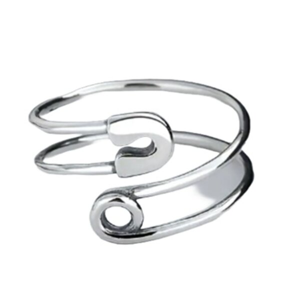 Boho Chic Sterling Silver Safety Pin Thumb Ring - Adjustable Safety Pin Design - Picture 2 of 4